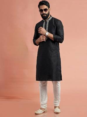 Black dupion silk embroidered kurta set 2