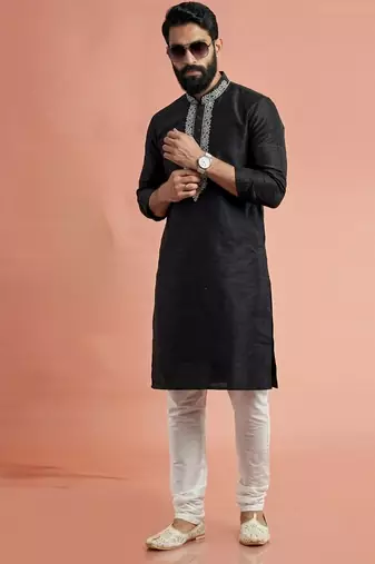 Black dupion silk embroidered kurta set