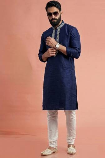 Blue dupion silk embroidered kurta set