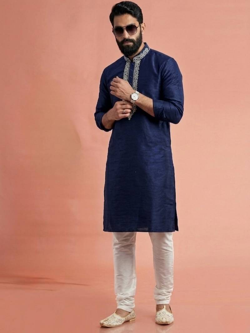 Blue dupion silk embroidered kurta set