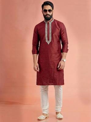 Maroon dupion silk embroidered kurta set 1