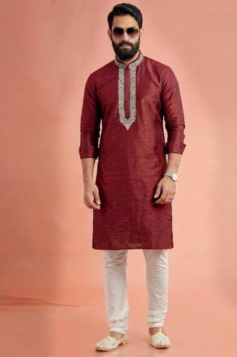 Maroon dupion silk embroidered kurta set
