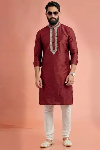 Maroon dupion silk embroidered kurta set