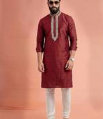 Maroon dupion silk embroidered kurta set