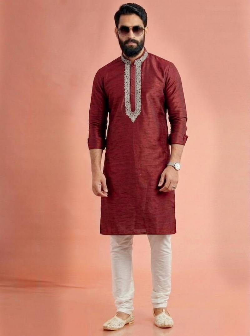 Maroon dupion silk embroidered kurta set