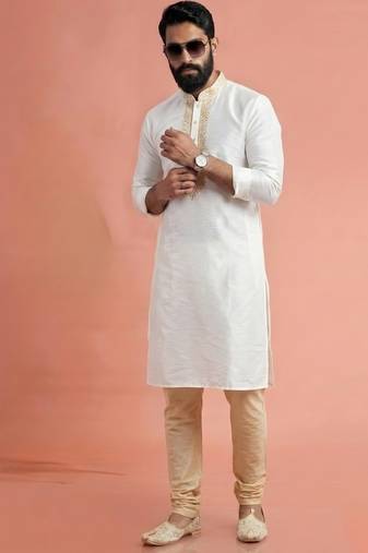 White dupion silk embroidered kurta set