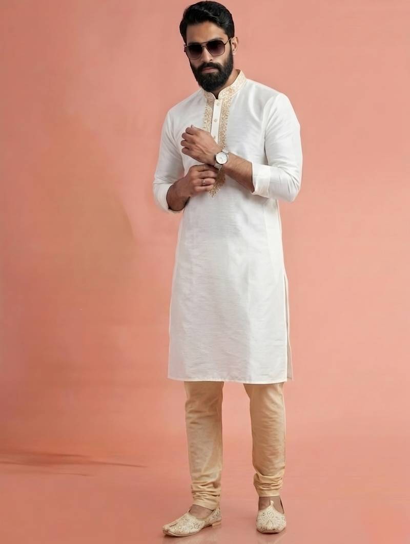 White dupion silk embroidered kurta set