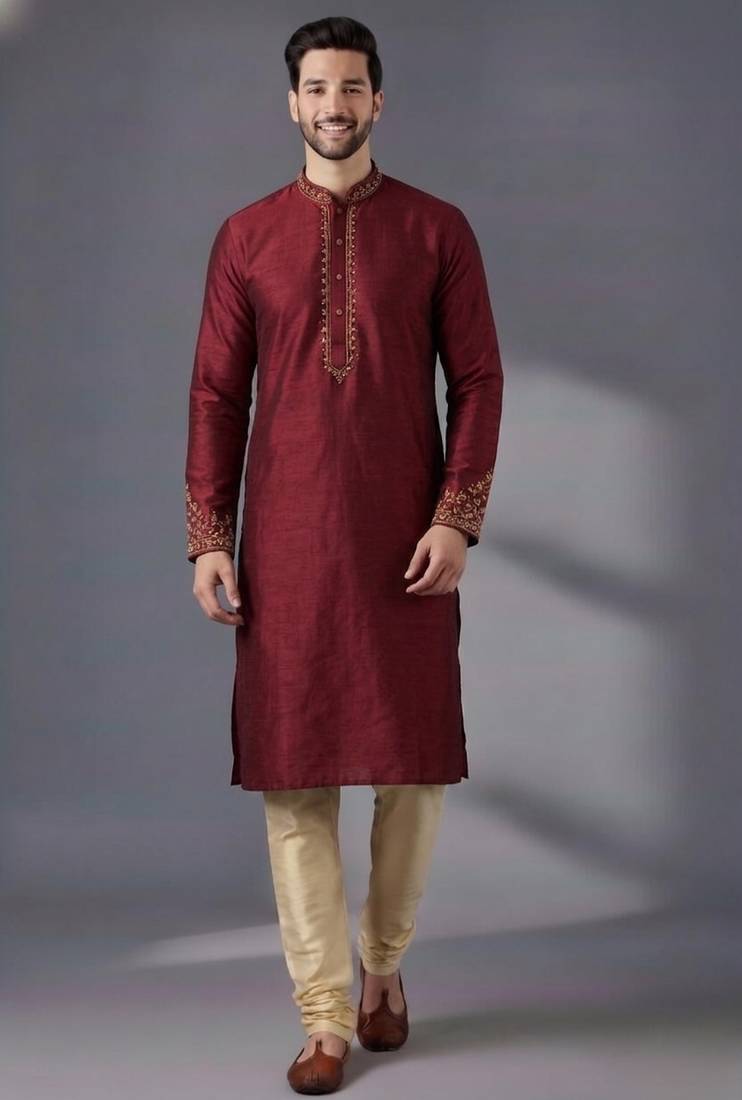 Maroon dupion silk embroidered kurta set