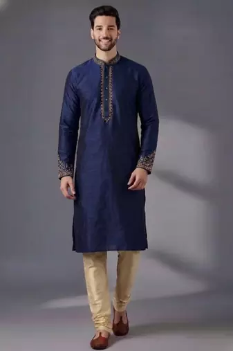 Blue dupion silk embroidered kurta set