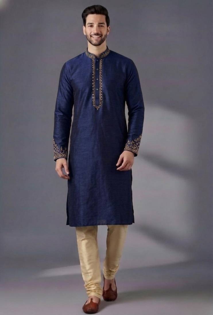 Blue dupion silk embroidered kurta set