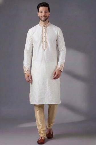 White dupion silk embroidered kurta set