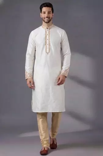 White dupion silk embroidered kurta set
