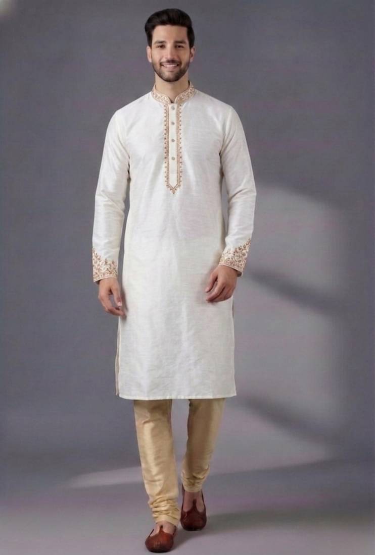 White dupion silk embroidered kurta set
