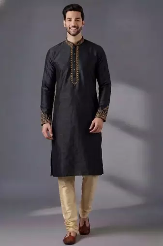 Black dupion silk embroidered kurta set