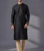 Black dupion silk embroidered kurta set