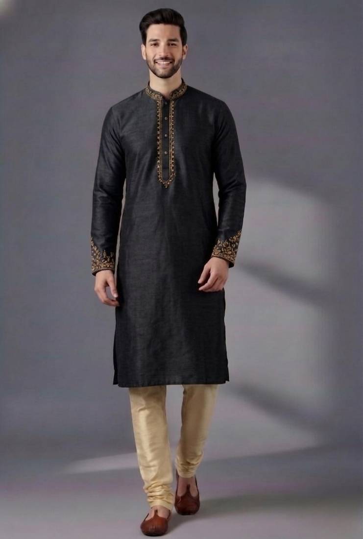 Black dupion silk embroidered kurta set