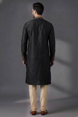 Black dupion silk embroidered kurta set 2