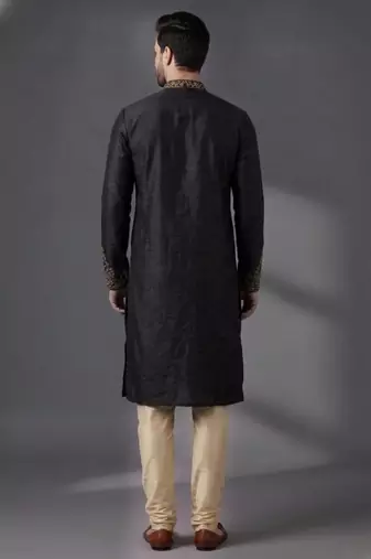 Black dupion silk embroidered kurta set