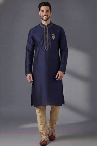 Blue dupion silk embroidered kurta set