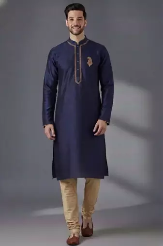 Blue dupion silk embroidered kurta set