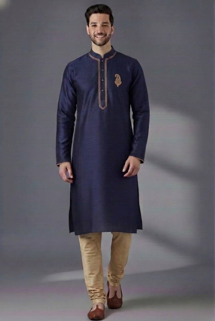 Blue dupion silk embroidered kurta set