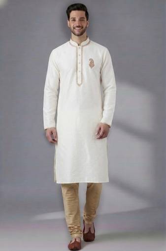 White dupion silk embroidered kurta set