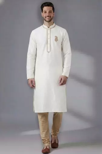 White dupion silk embroidered kurta set