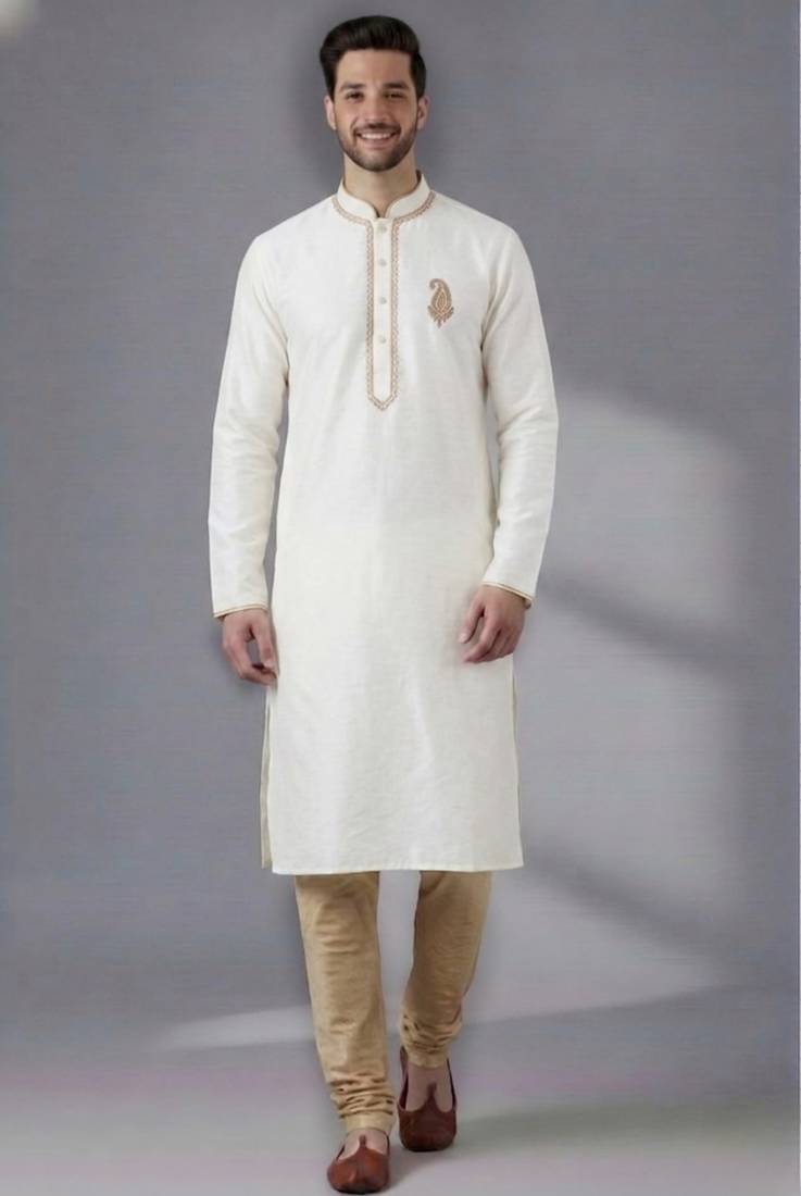 White dupion silk embroidered kurta set