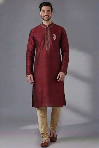 Maroon dupion silk embroidered kurta set
