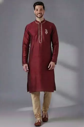 Maroon dupion silk embroidered kurta set