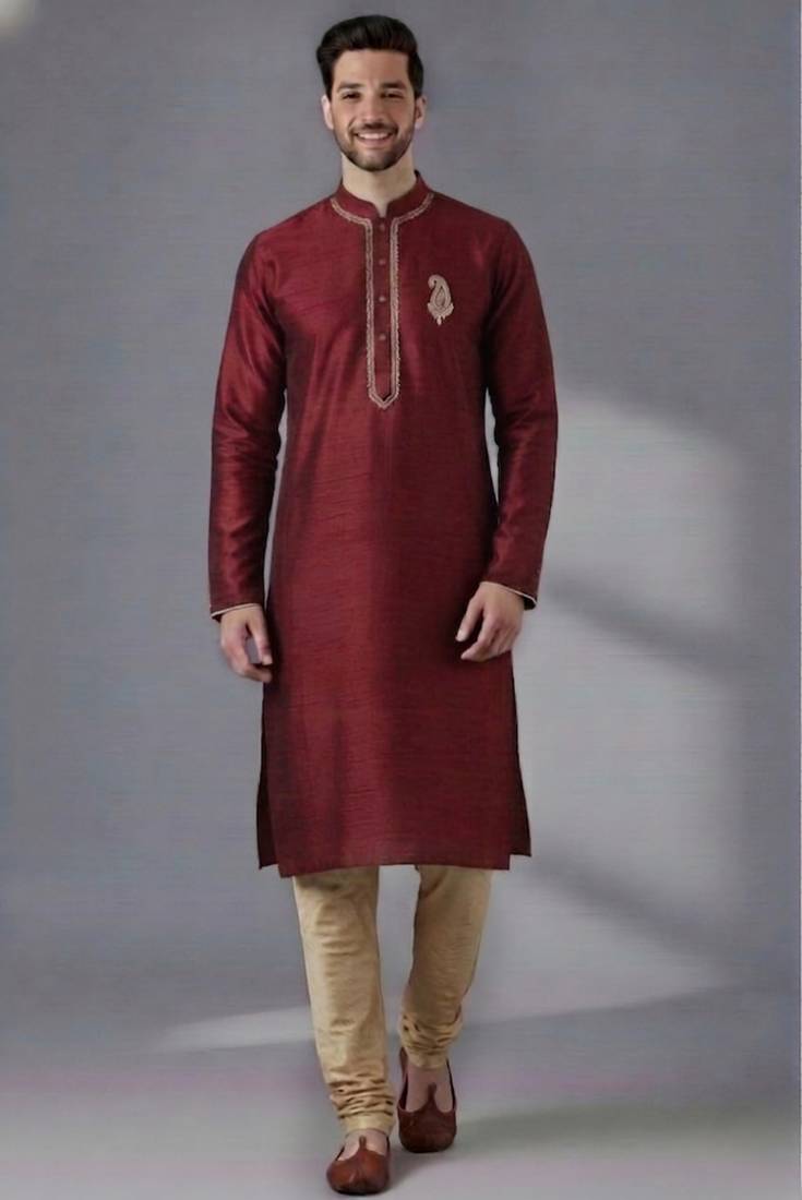 Maroon dupion silk embroidered kurta set