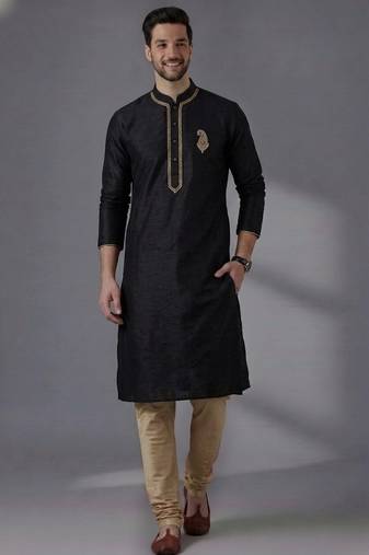 Black dupion silk embroidered kurta set