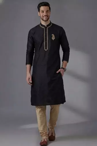 Black dupion silk embroidered kurta set