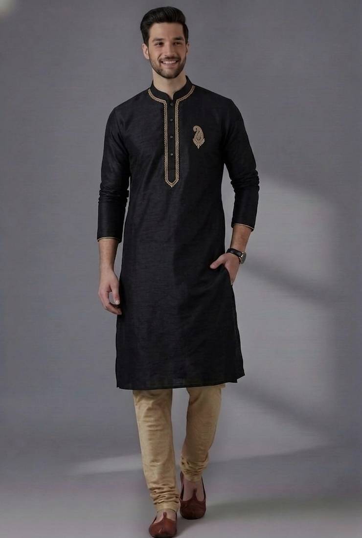Black dupion silk embroidered kurta set