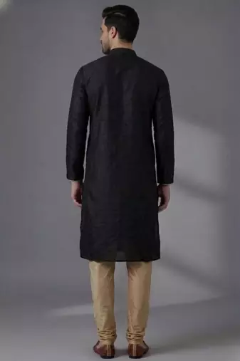 Black dupion silk embroidered kurta set