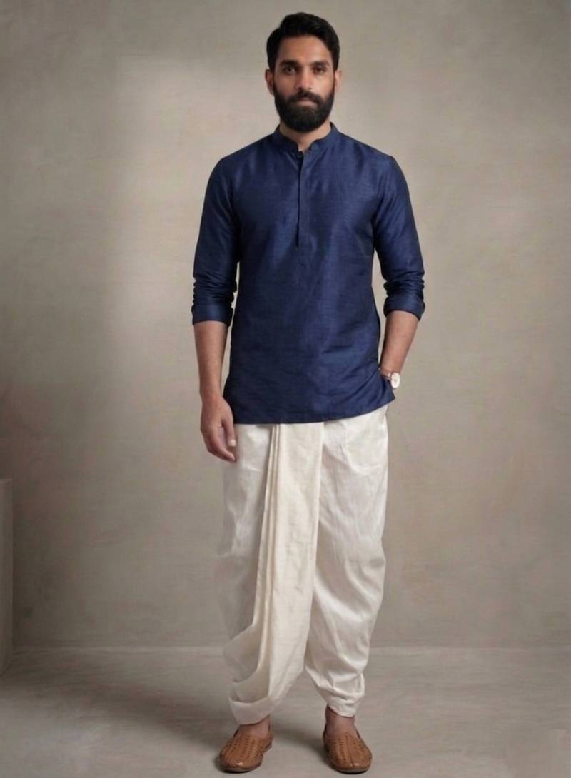 Blue dupion silk embroidered kurta dhoti set