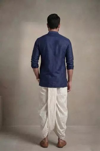 Blue dupion silk embroidered kurta dhoti set