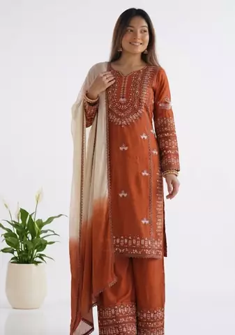 Orange cotton embroidery thread work kurta Pant and Dupatta 3pc set