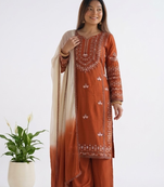 Orange cotton embroidery thread work kurta Pant and Dupatta 3pc set