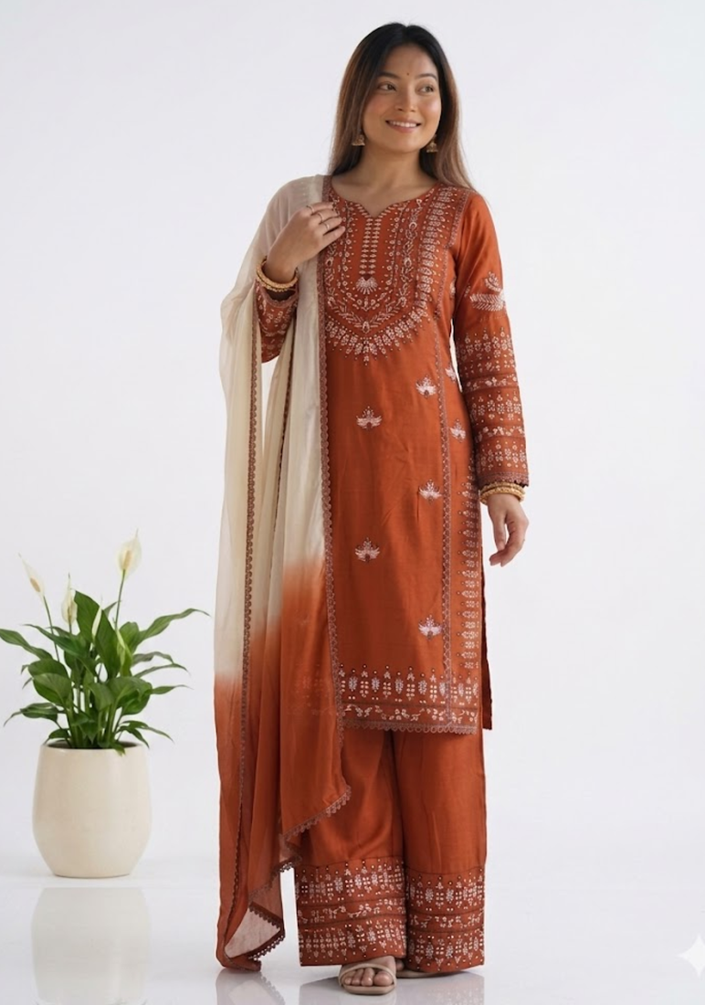 Orange cotton embroidery thread work kurta Pant and Dupatta 3pc set