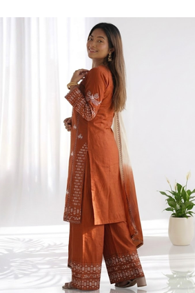Orange cotton embroidery thread work kurta Pant and Dupatta 3pc set 2