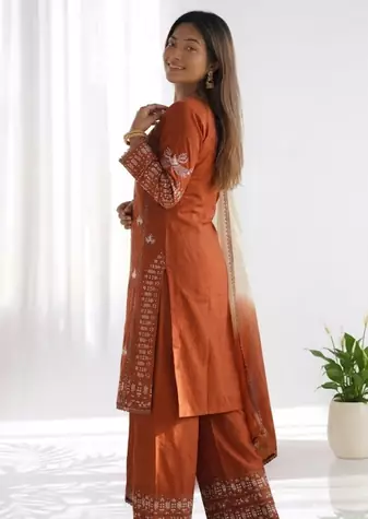 Orange cotton embroidery thread work kurta Pant and Dupatta 3pc set