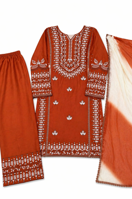 Orange cotton embroidery thread work kurta Pant and Dupatta 3pc set 3