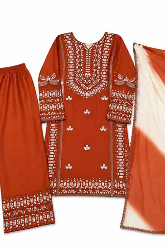 Orange cotton embroidery thread work kurta Pant and Dupatta 3pc set