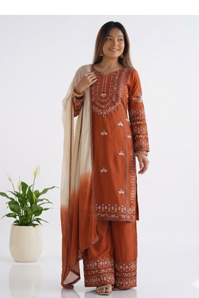 Orange cotton embroidery thread work kurta Pant and Dupatta 3pc set 4