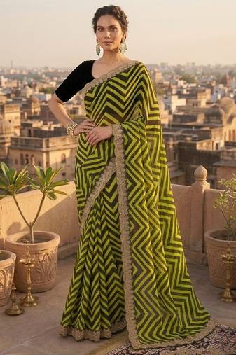 Mahendi printed embriodered lace bollywood saree with blouse piece.