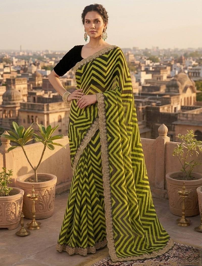 Mahendi printed embriodered lace bollywood saree with blouse piece.