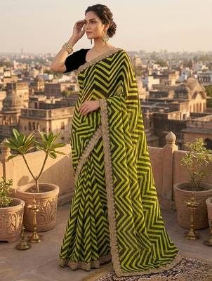 Mahendi printed embriodered lace bollywood saree with blouse piece. 2