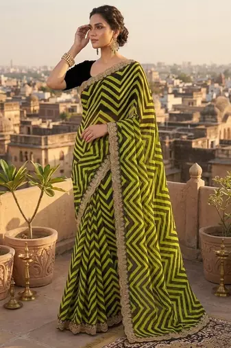 Mahendi printed embriodered lace bollywood saree with blouse piece.