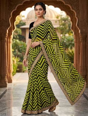 Mahendi printed embriodered lace bollywood saree with blouse piece. 3